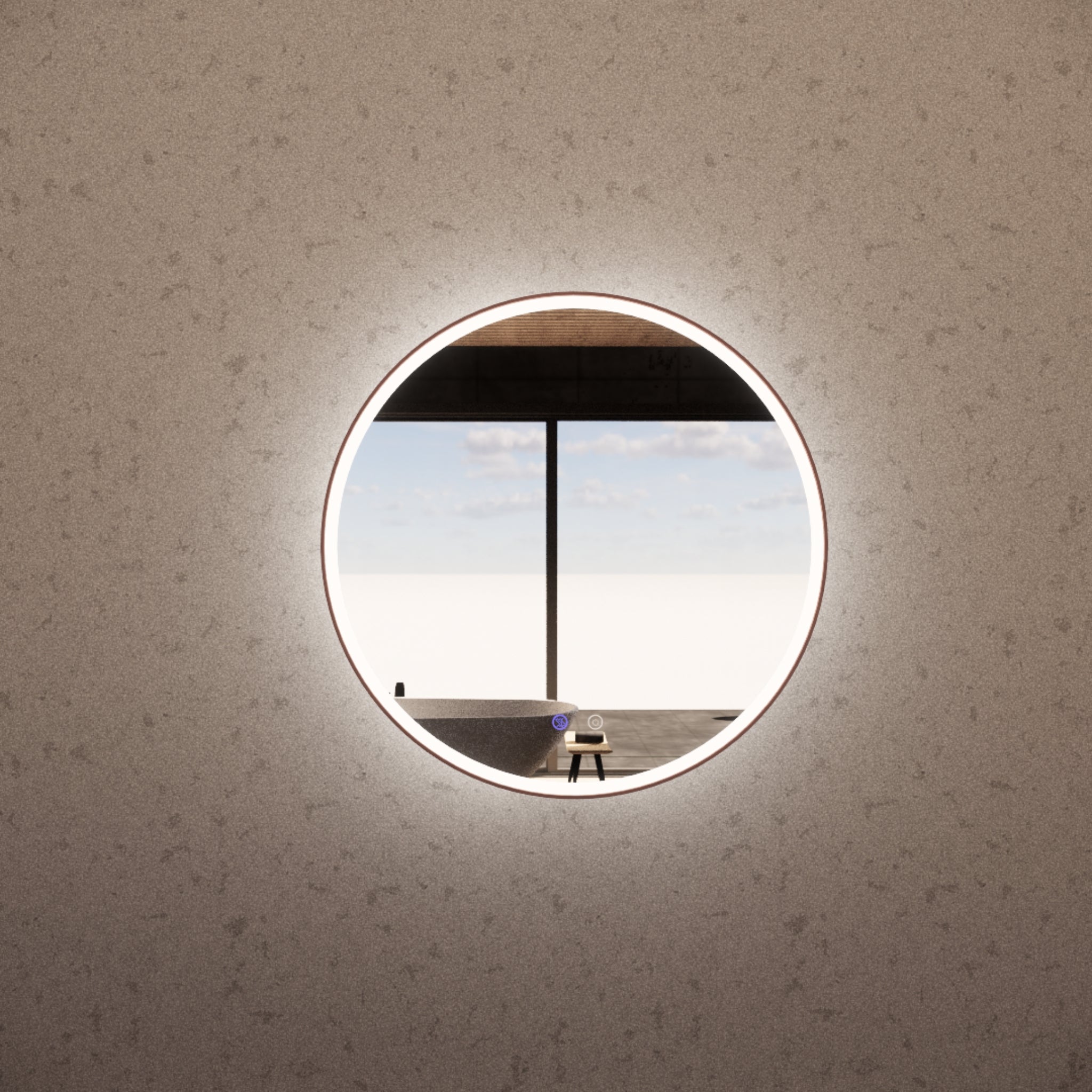 RIVA R3 FRAMED ROUND LED MIRROR 3 COLOUR LIGHTS WITH DIMMER BRUSHED COPPER 800X800MM