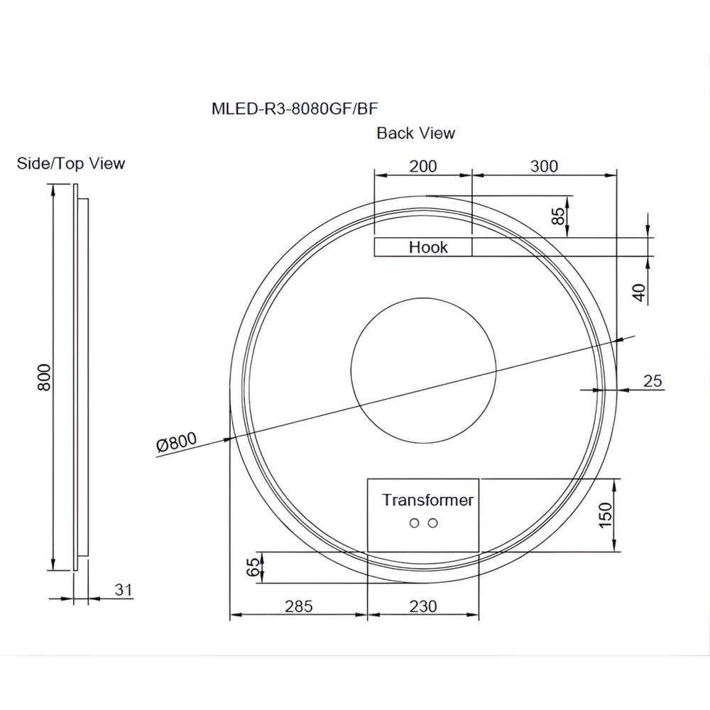 RIVA R3 FRAMED ROUND LED MIRROR 3 COLOUR LIGHTS WITH DIMMER BRUSHED COPPER 800X800MM