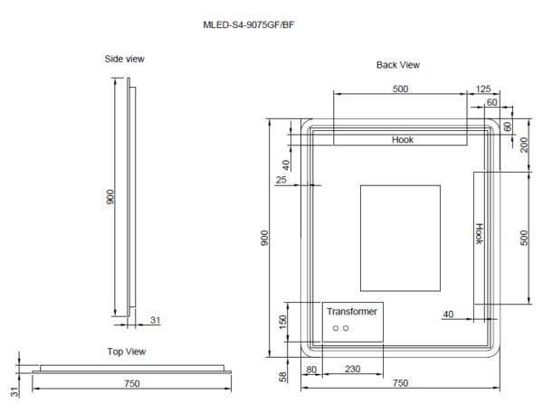 RIVA S4 FRAMED RECTANGLE LED MIRROR 3 COLOUR LIGHTS WITH DIMMER BRUSHED NICKEL 750X900MM