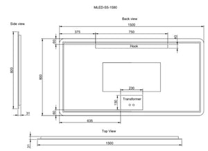 RIVA S5 FRAMELESS RECTANGLE LED MIRROR 3 COLOUR LIGHTS BACKLIT WITH DEFOGGING FUNCTION 1500X800MM