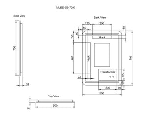 RIVA S5 FRAMELESS RECTANGLE LED MIRROR 3 COLOUR LIGHTS BACKLIT WITH DEFOGGING FUNCTION 500X700MM