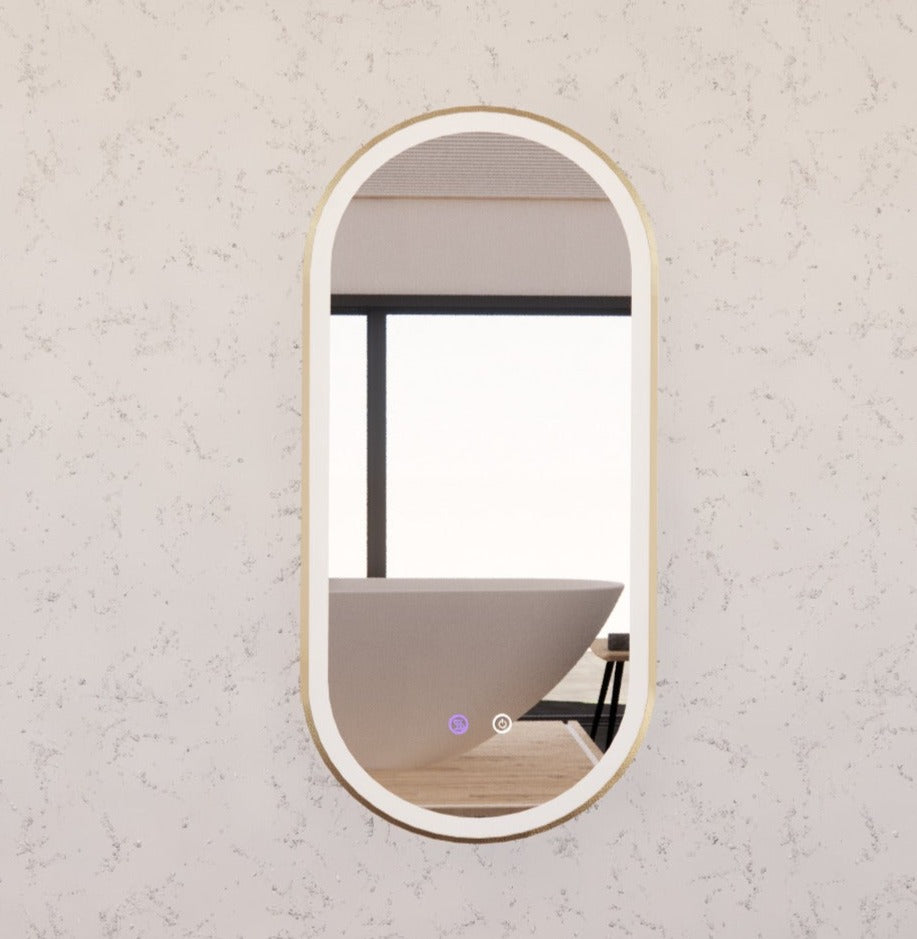 RIVA O1 FRAMED OVAL LED MIRROR 3 COLOUR LIGHTS GOLD 450X900MM