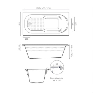 DECINA MODENA INSET CONTOUR SPA BATH GLOSS WHITE (AVAILABLE IN 1515MM, 1635MM AND 1785MM) WITH 12-JETS