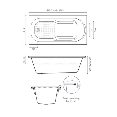 DECINA MODENA INSET CONTOUR SPA BATH GLOSS WHITE (AVAILABLE IN 1515MM, 1635MM AND 1785MM) WITH 12-JETS