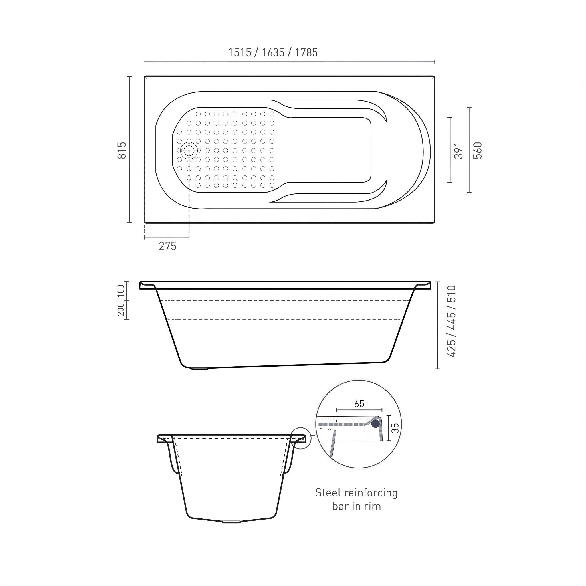 DECINA MODENA INSET CONTOUR SPA BATH GLOSS WHITE (AVAILABLE IN 1515MM, 1635MM AND 1785MM) WITH 12-JETS
