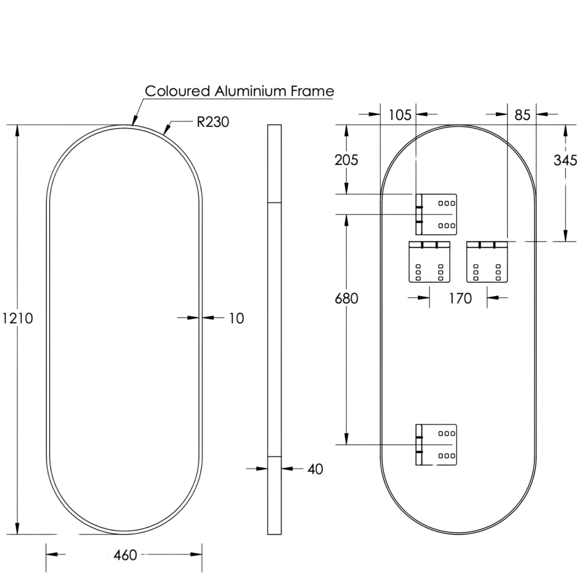 REMER MODERN OBLONG OVAL FRAMED MIRROR CUSTOM COLOURS 460X1210MM