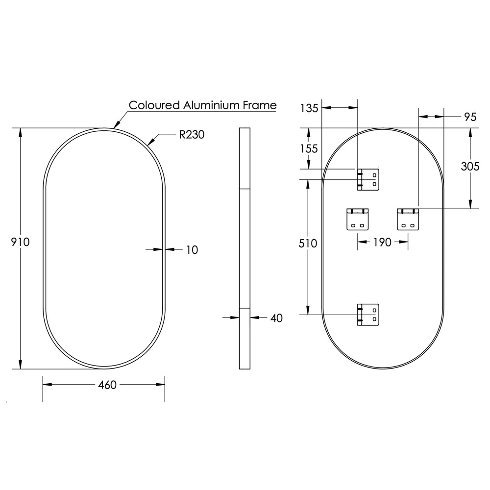 REMER MODERN OBLONG OVAL FRAMED MIRROR CUSTOM COLOURS 460X910MM