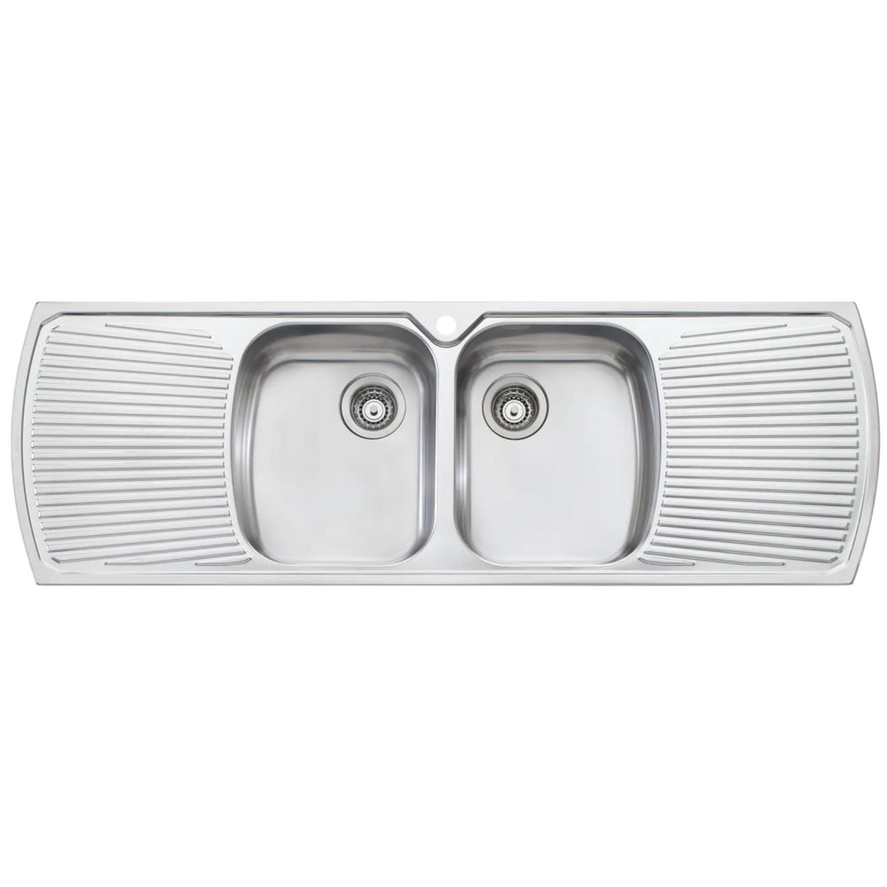 OLIVERI MONET DOUBLE BOWL TOPMOUNT KITCHEN SINK WITH TAPHOLE & DOUBLE DRAINER STAINLESS STEEL 1500MM