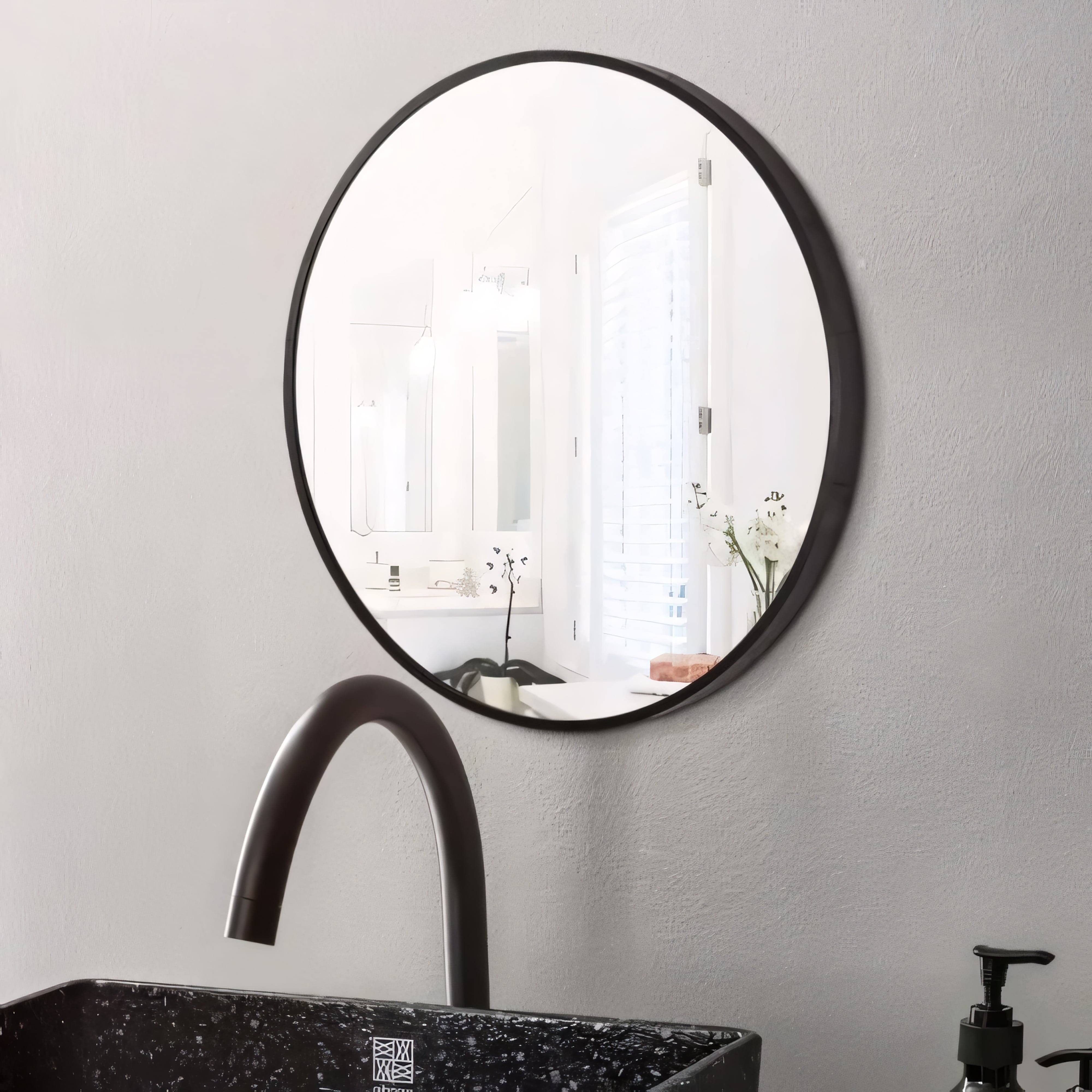 AQUAPERLA ROUND WALL FRAMED MIRROR BLACK 800MM