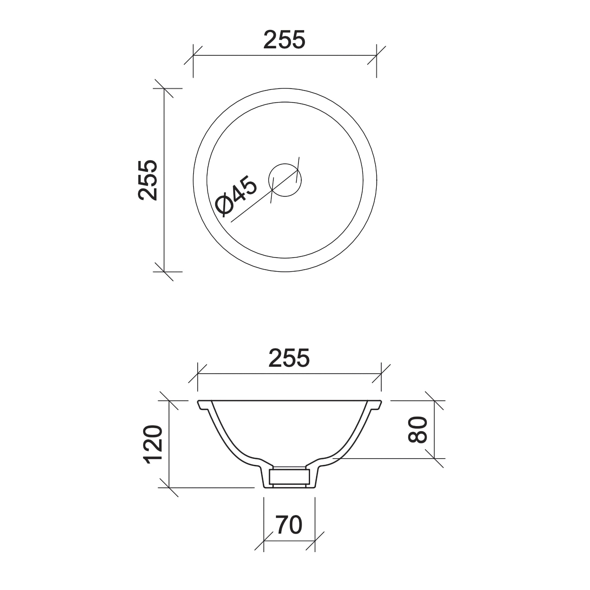 TIMBERLINE MINI ROUND UNDER COUNTER BASIN GLOSS WHITE 255MM