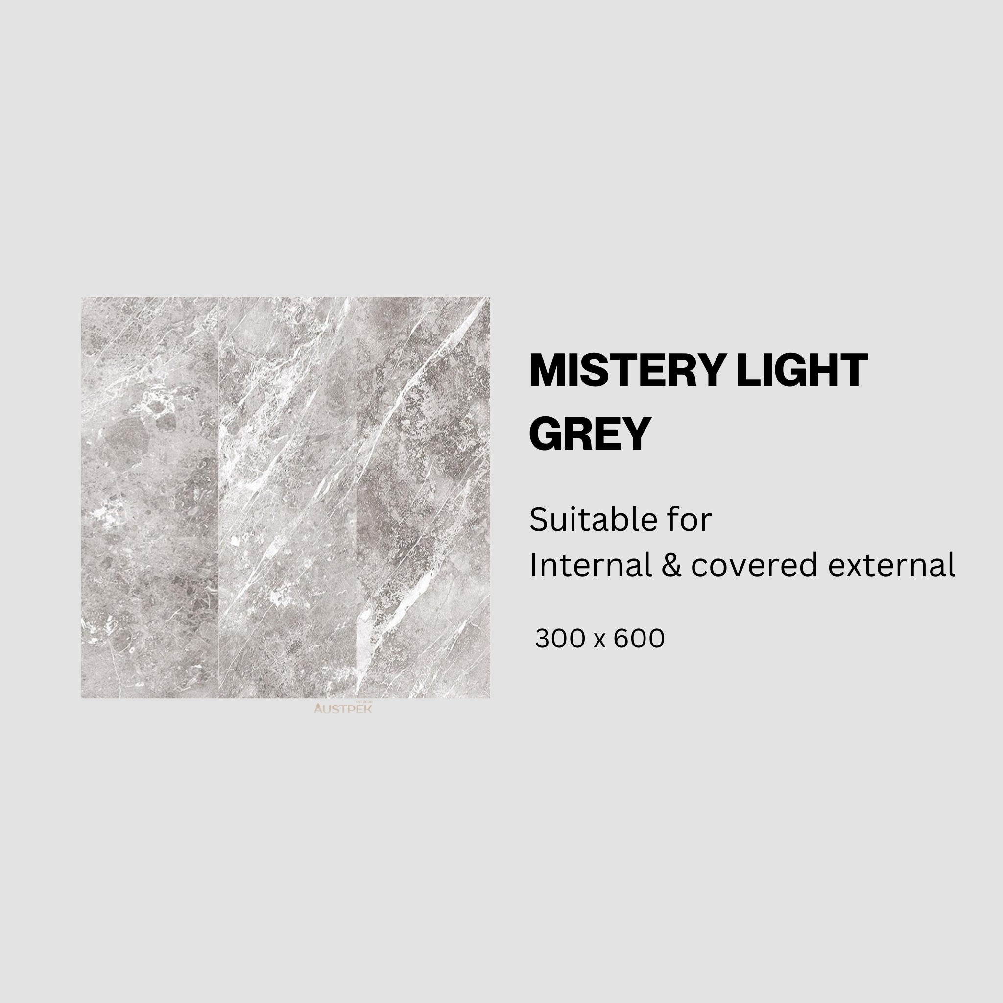 MUSES MISTERY LIGHT GREY MATTE 300X600MM RECTANGULAR TILE (PER BOX)