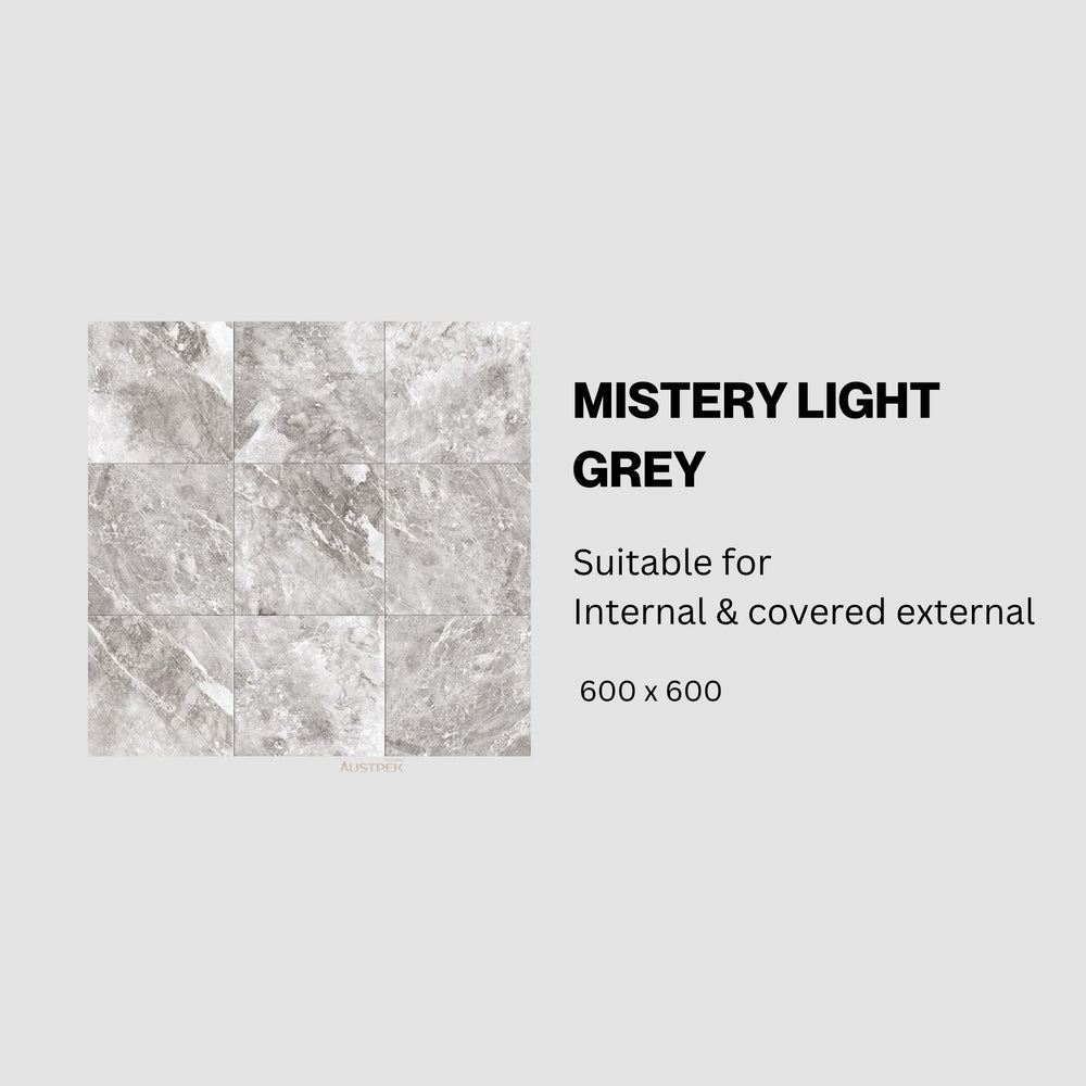 MUSES MISTERY LIGHT GREY MATTE 600X600MM SQUARE TILE (PER BOX)