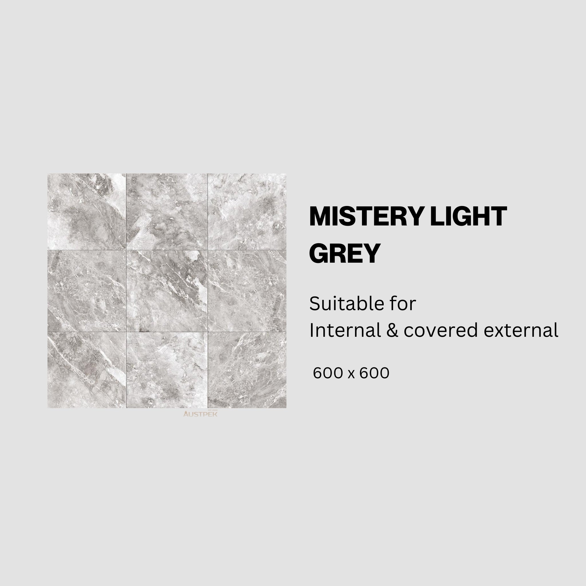 MUSES MISTERY LIGHT GREY MATTE 600X600MM SQUARE TILE (PER BOX)