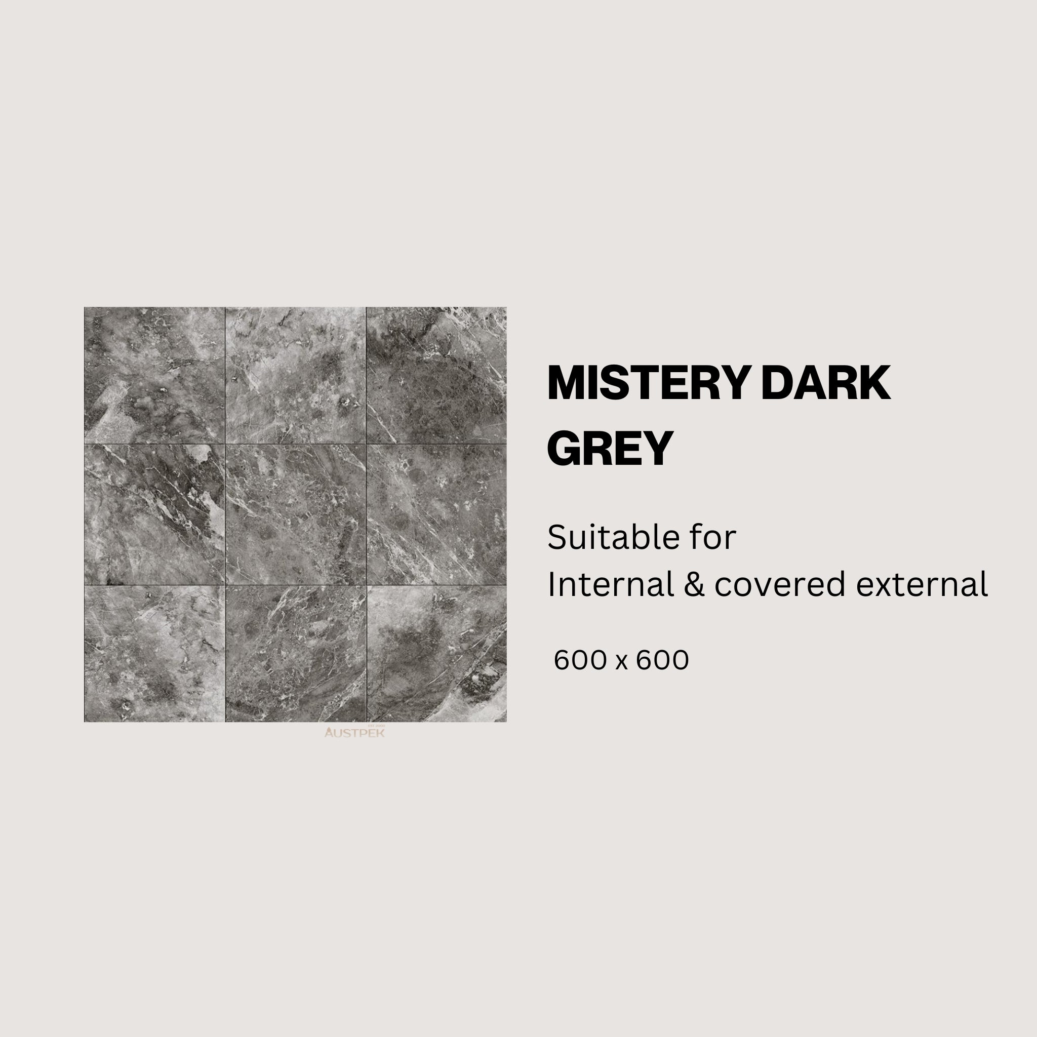 MUSES MISTERY DARK GREY MATTE 600X600MM SQUARE TILE (PER BOX)