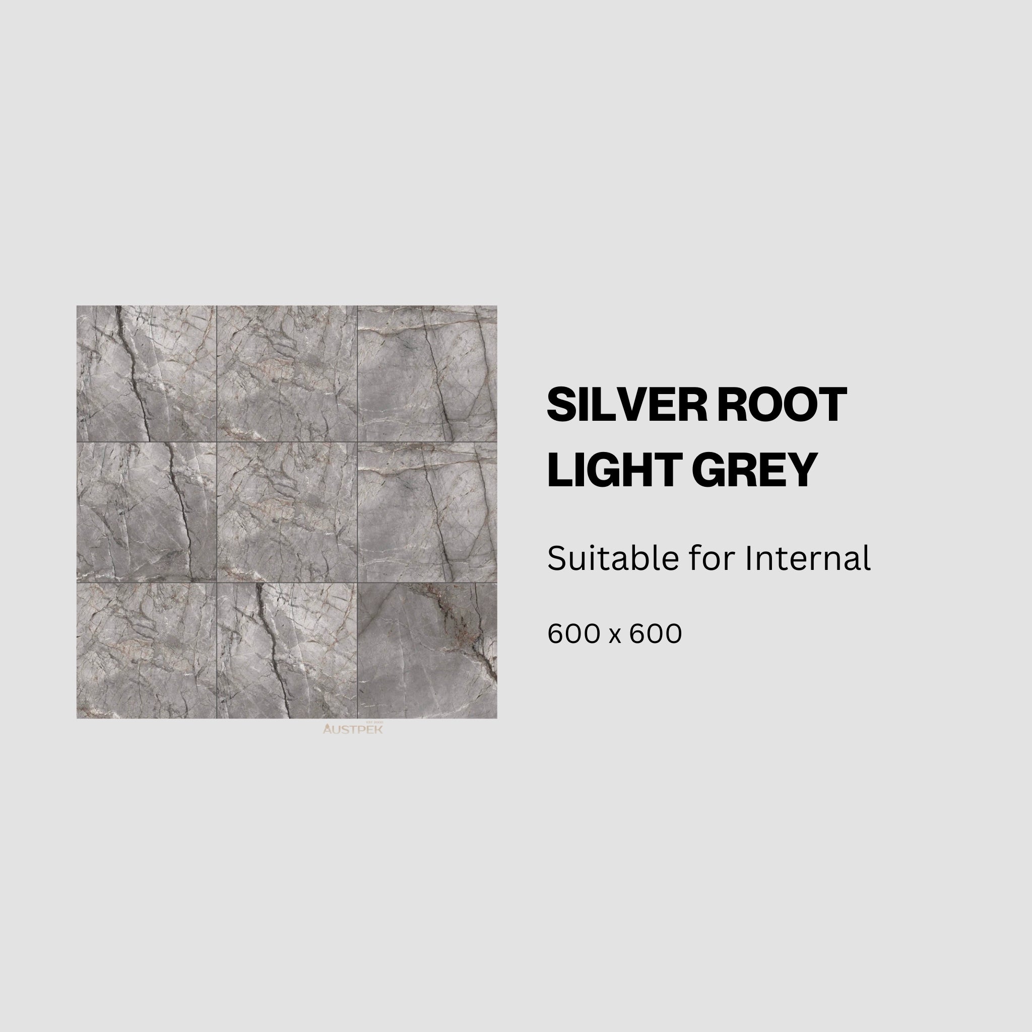 MUSES SILVER ROOT LIGHT GREY SOFT POLISHED 600X600MM SQUARE TILE (PER BOX)