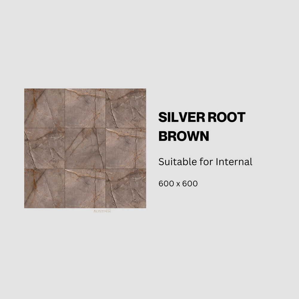 MUSES SILVER ROOT BROWN SOFT POLISHED 600X600MM SQUARE TILE (PER BOX)