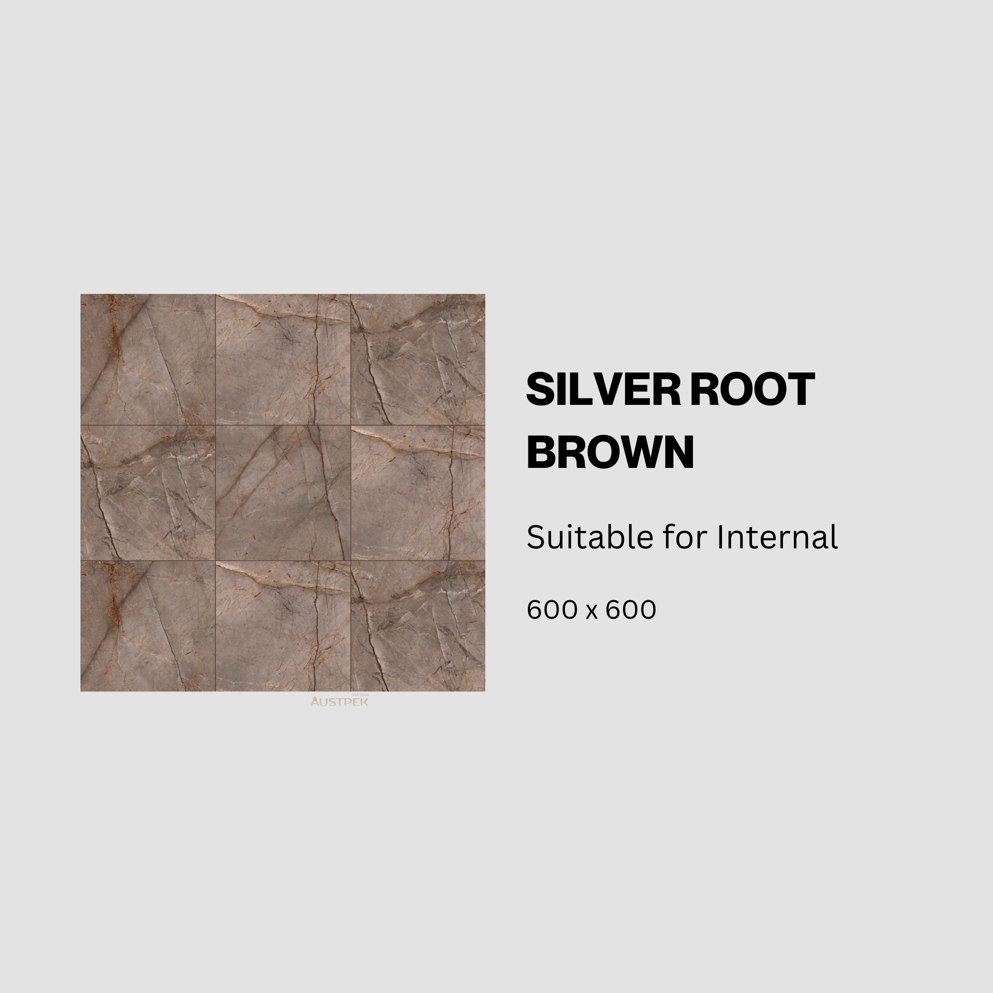 MUSES SILVER ROOT BROWN SOFT POLISHED 600X600MM SQUARE TILE (PER BOX)