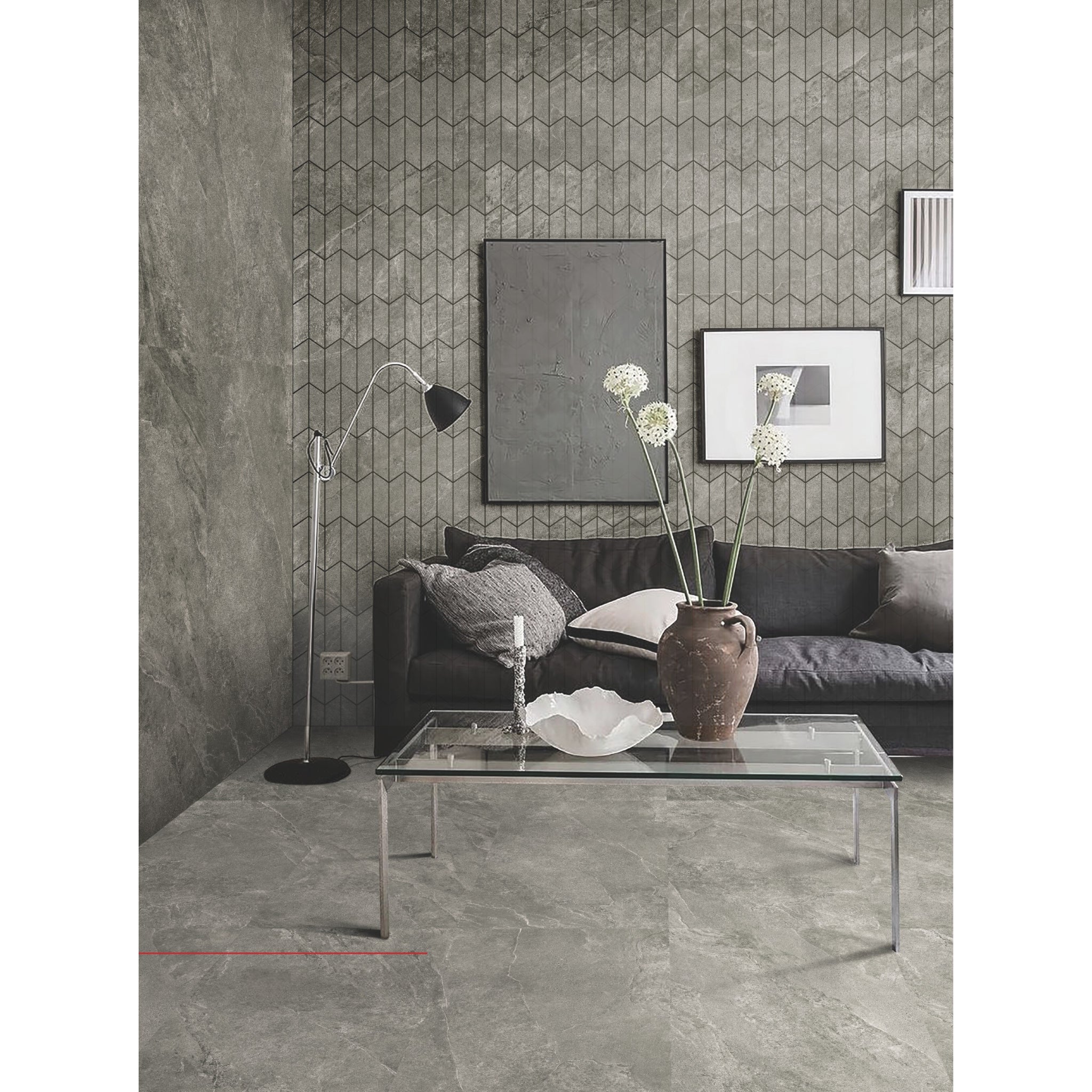 MUSES ARDESIA LIGHT GREY FELLTEC 73X260MM CHEVRON MOSAIC TILE (PER BOX)
