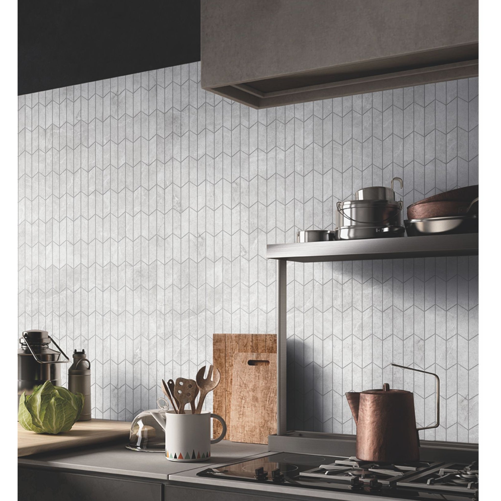 MUSES PETRA MIX LIGHT GREY FELLTEC 73X260MM CHEVRON MOSAIC TILE (PER BOX)