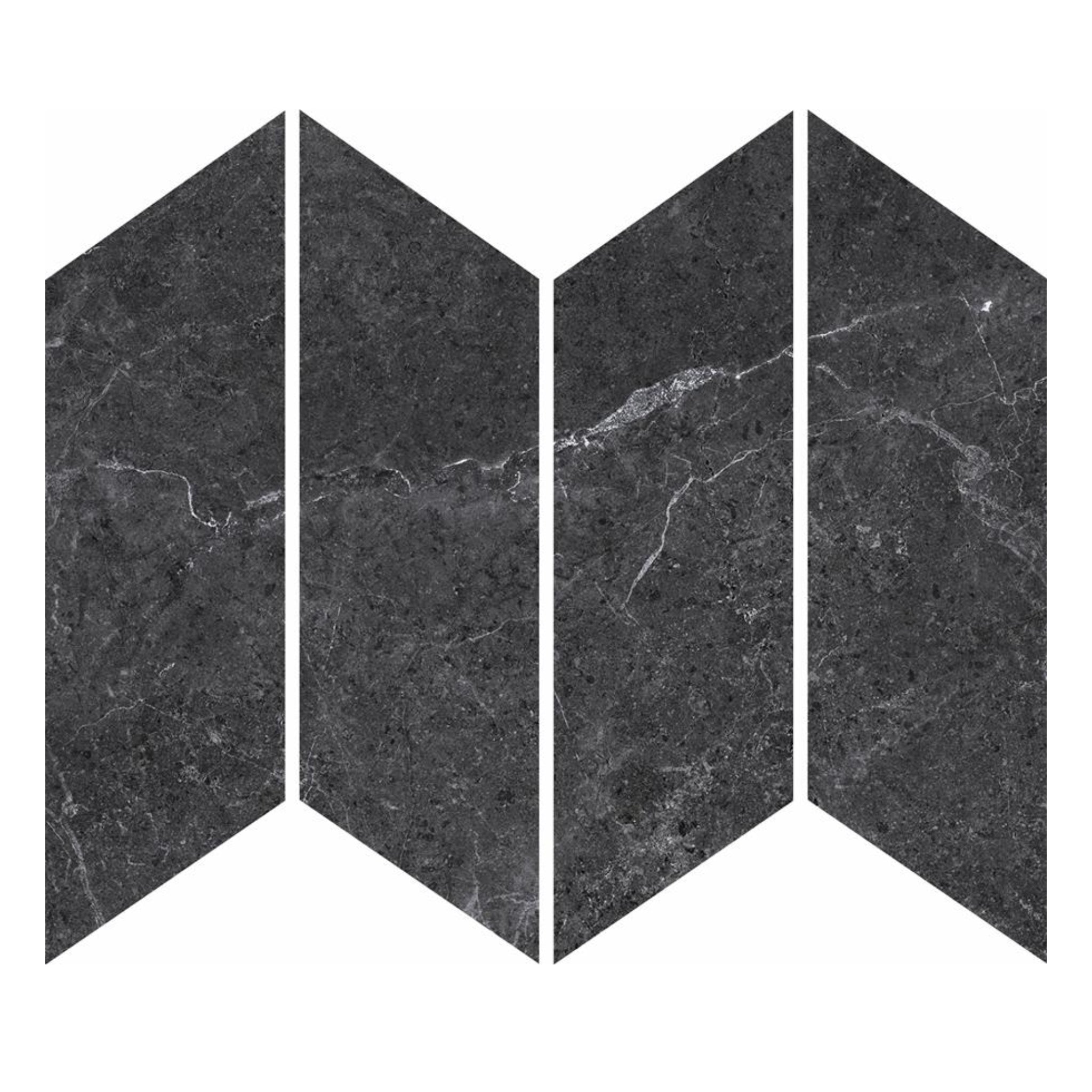 MUSES PETRA MIX BLACK FELLTEC 73X260MM CHEVRON MOSAIC TILE (PER BOX)