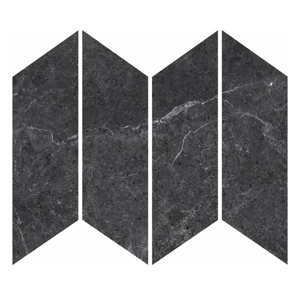 MUSES PETRA MIX BLACK FELLTEC 73X260MM CHEVRON MOSAIC TILE (PER BOX)