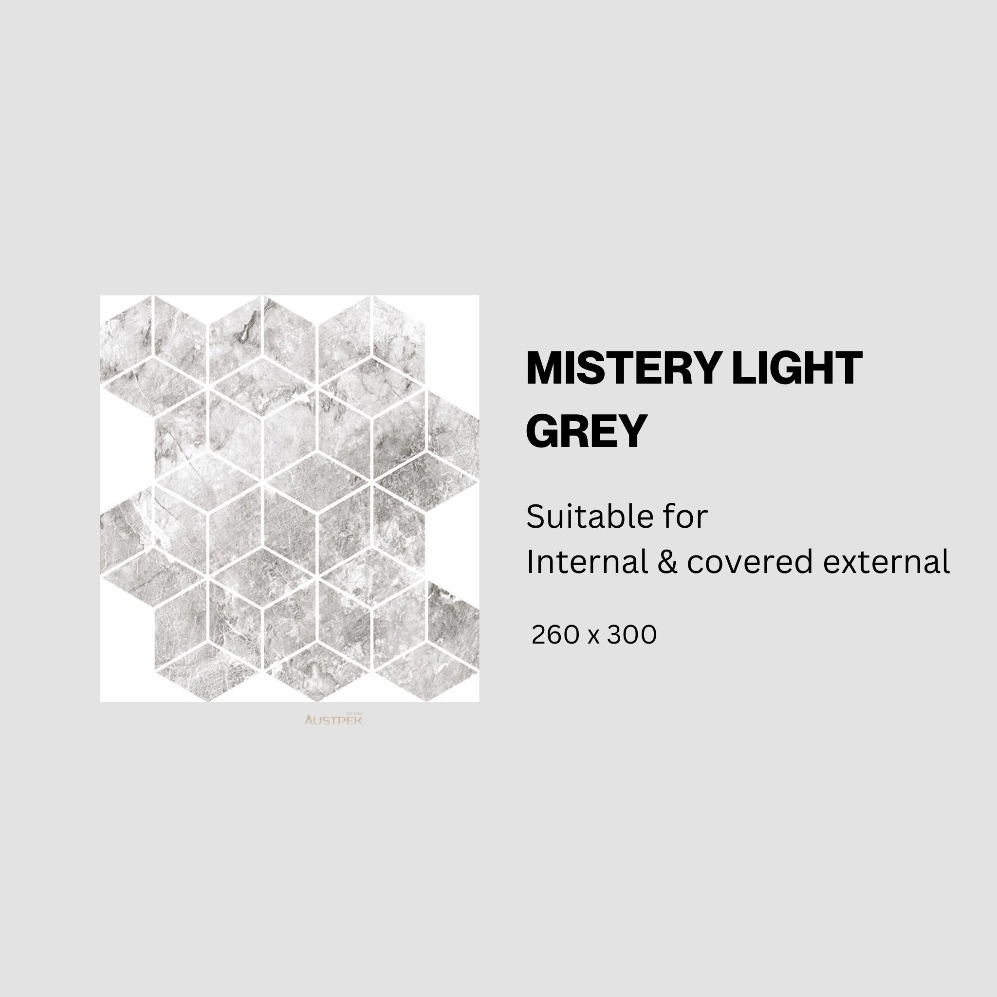 MUSES MISTERY LIGHT GREY MATTE 260X300MM DIAMOND MOSAIC TILE (PER BOX)