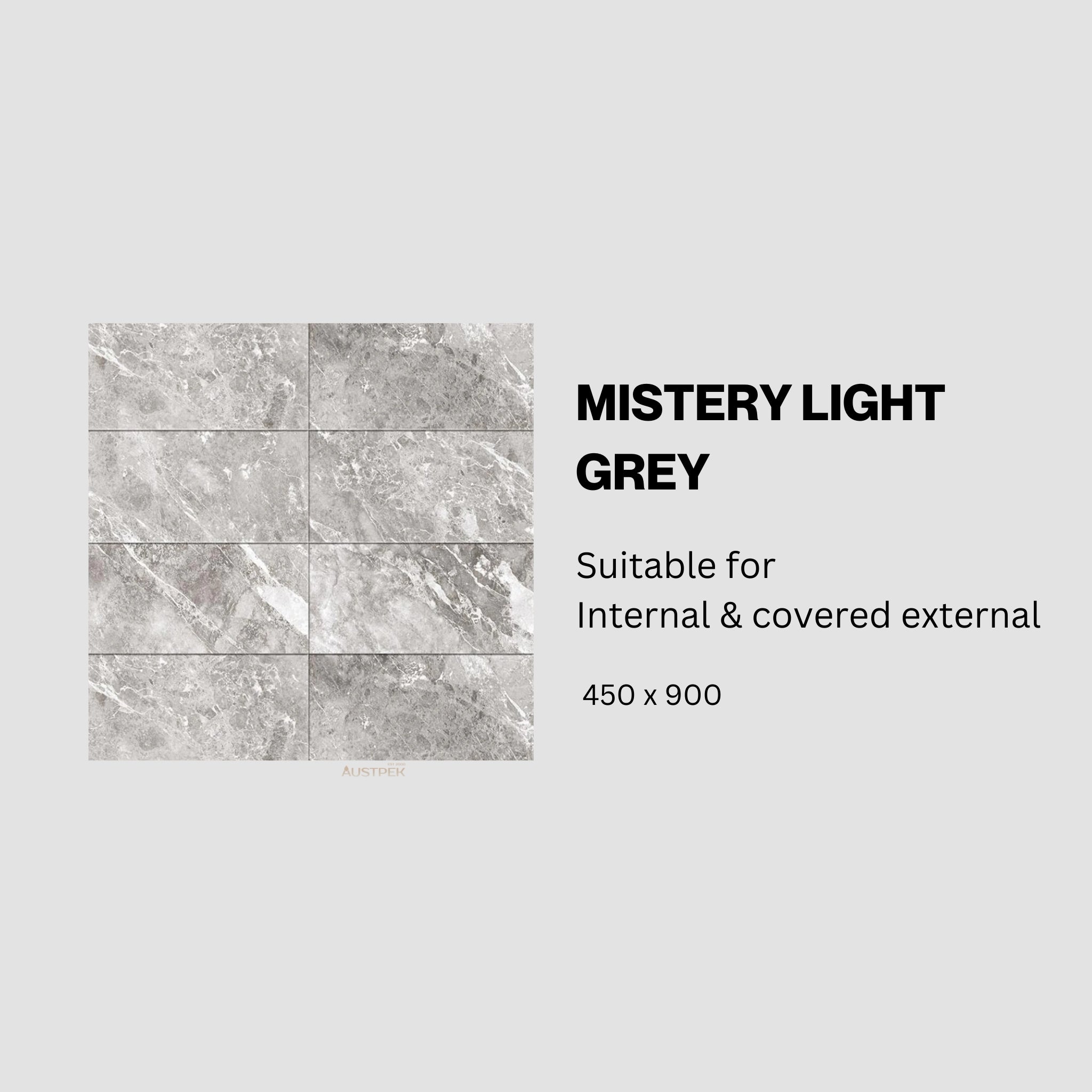 MUSES MISTERY LIGHT GREY MATTE 450X900MM RECTANGULAR TILE (PER BOX)