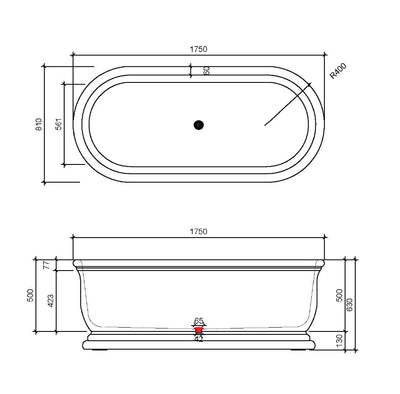 VEROTTI MARSEILLE FREESTANDING SOLID SURFACE BATH MATTE WHITE 1750MM