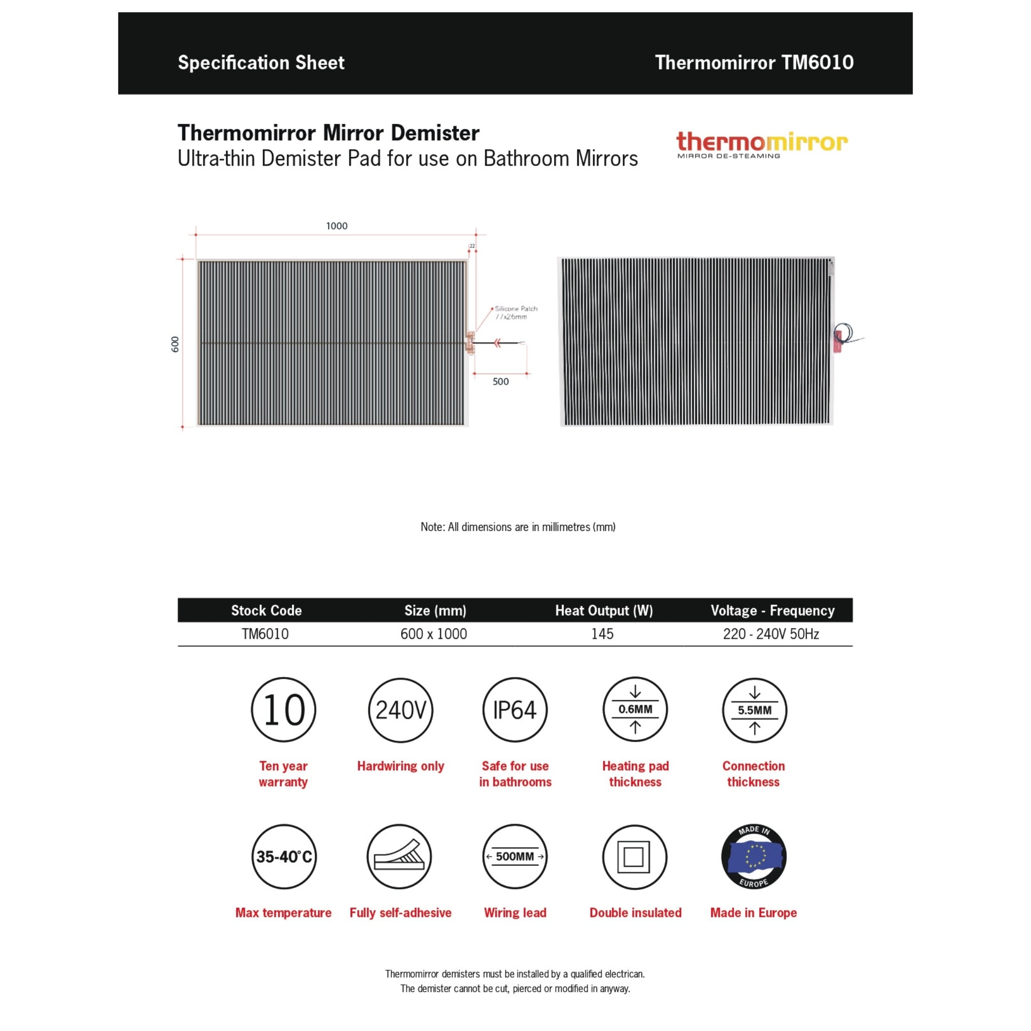 THERMOGROUP ABLAZE RECTANGLE 25MM BEVEL EDGE MIRROR WITH DEMISTER 900X1500MM