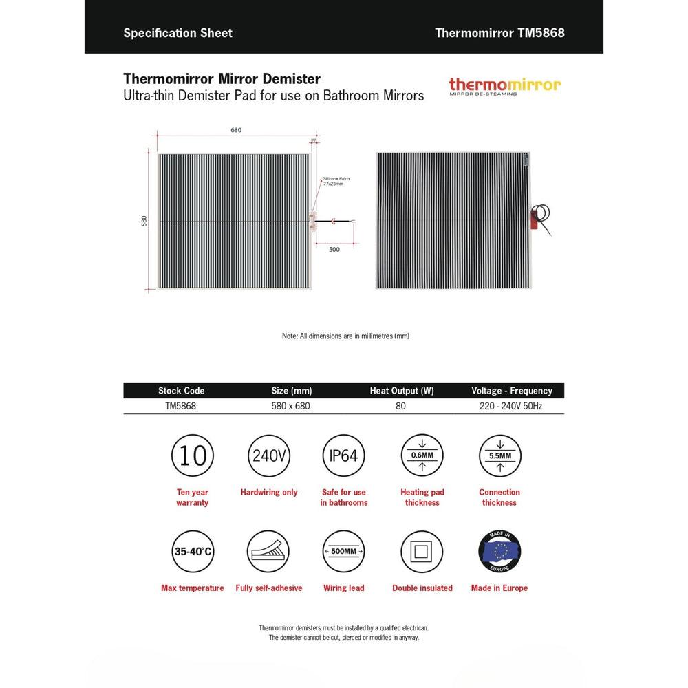 THERMOGROUP ABLAZE RECTANGLE 25MM BEVEL EDGE MIRROR WITH DEMISTER 900MM