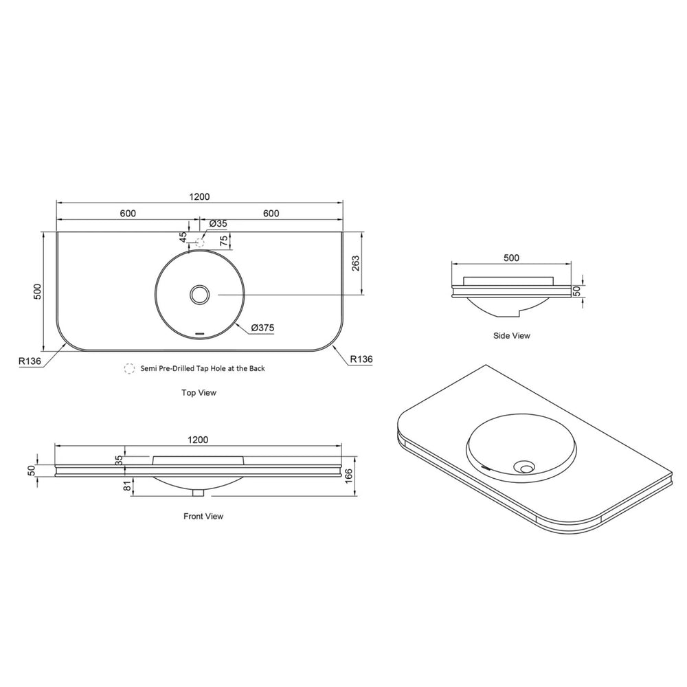 OTTI HAVANA ENGLISH EDGE MATTE WHITE UNDERMOUNT SINGLE VANITY TOP WITH ROUND BASIN (MULTIPLE SIZES AVAILABLE)