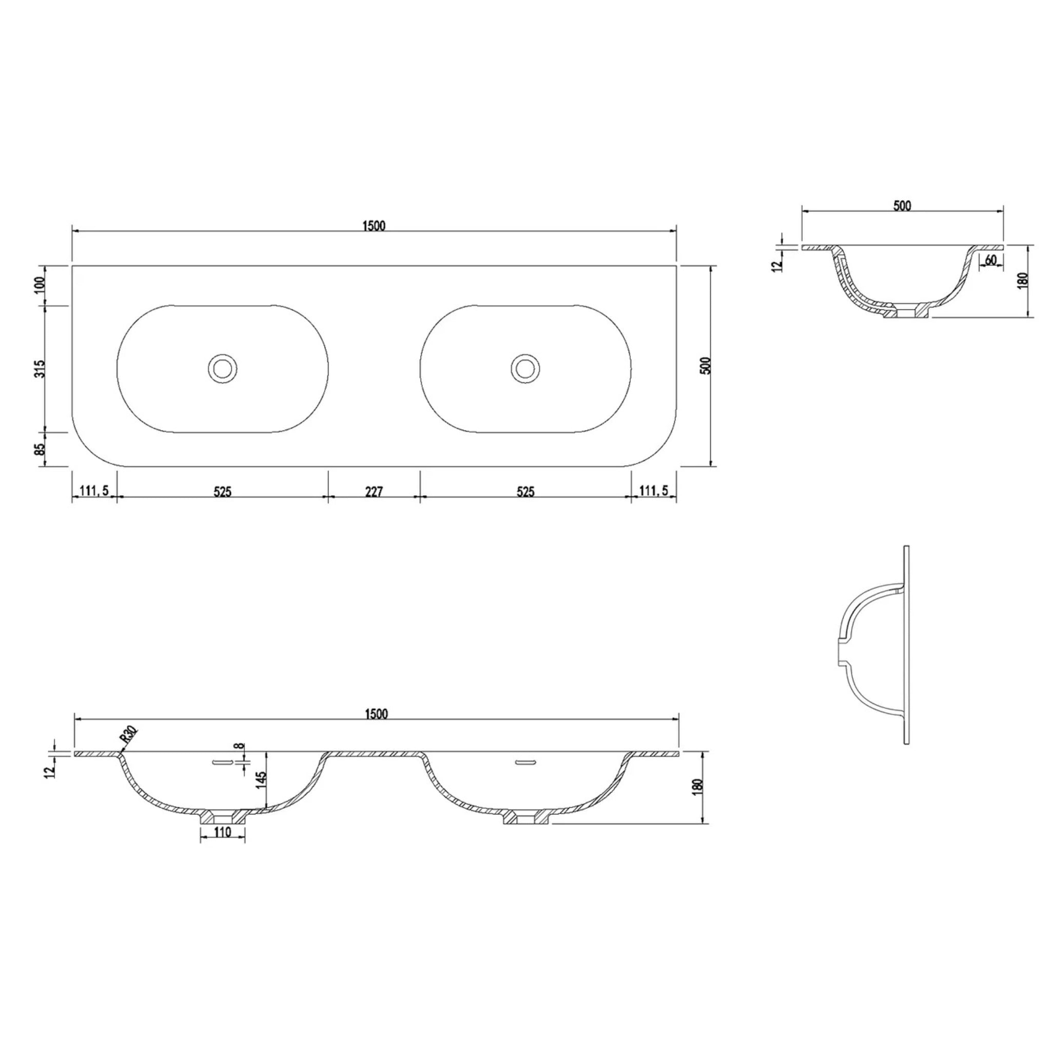 OTTI CHLOE SILK MATTE WHITE UNDERMOUNT DOUBLE VANITY SOLID SURFACE STONE TOP WITH BASIN (AVAILABLE IN 1500MM AND 1800MM)