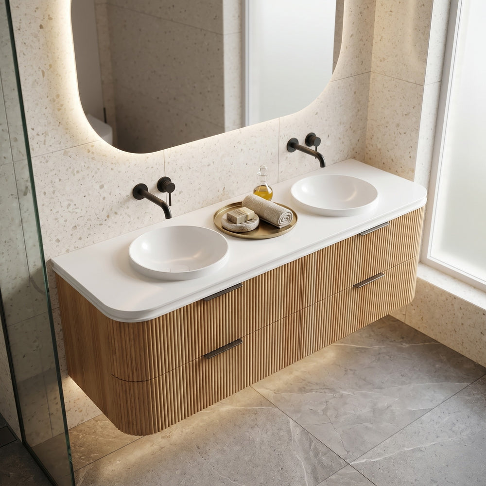 OTTI HAVANA ENGLISH EDGE MATTE WHITE UNDERMOUNT DOUBLE VANITY TOP WITH ROUND BASIN (AVAILABLE IN 1500MM AND 1800MM)