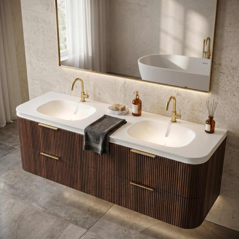 OTTI HAVANA ENGLISH EDGE MATTE WHITE UNDERMOUNT DOUBLE VANITY TOP WITH SOFT SQUARE BASIN (AVAILABLE IN 1500MM AND 1800MM)