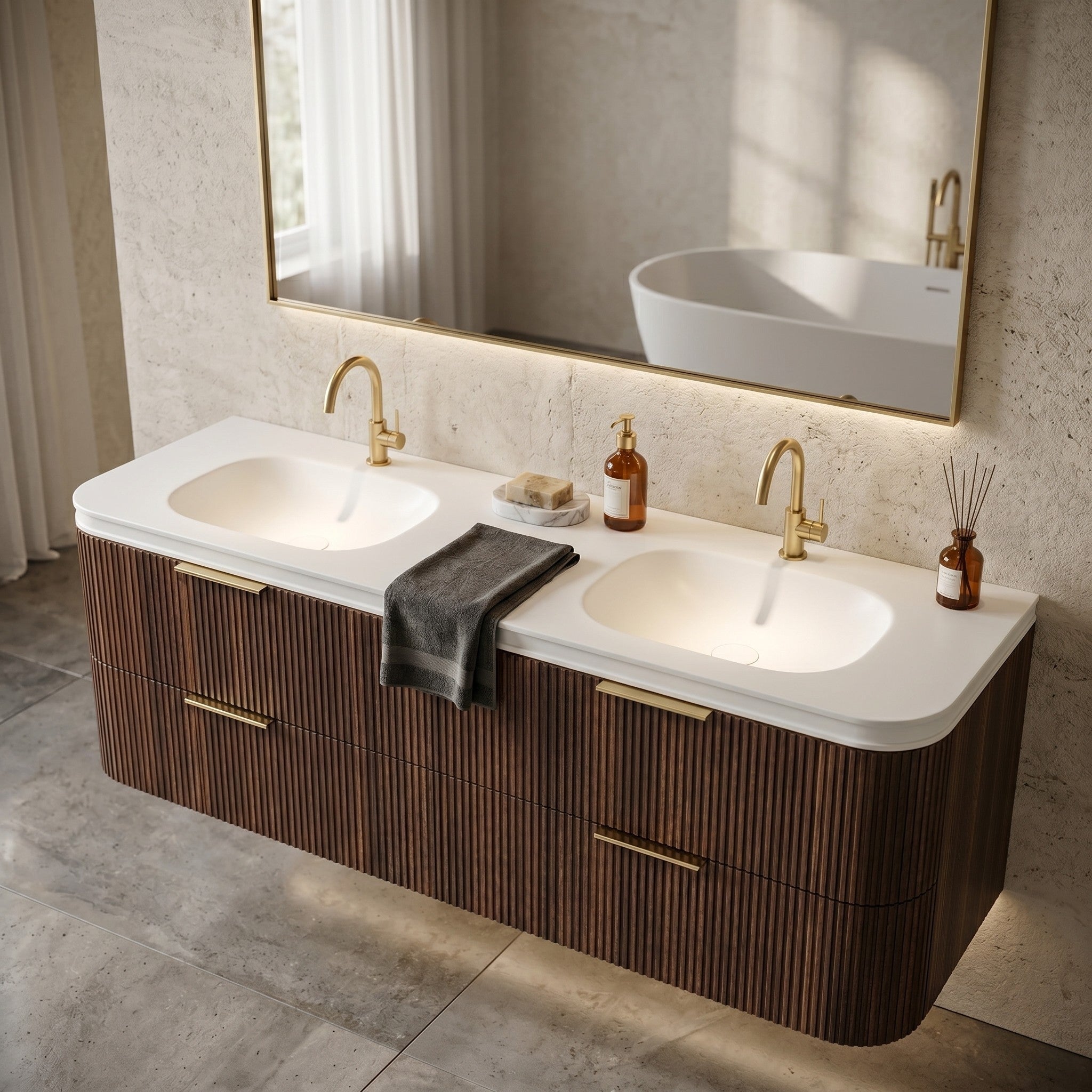 OTTI HAVANA ENGLISH EDGE MATTE WHITE UNDERMOUNT DOUBLE VANITY TOP WITH SOFT SQUARE BASIN (AVAILABLE IN 1500MM AND 1800MM)