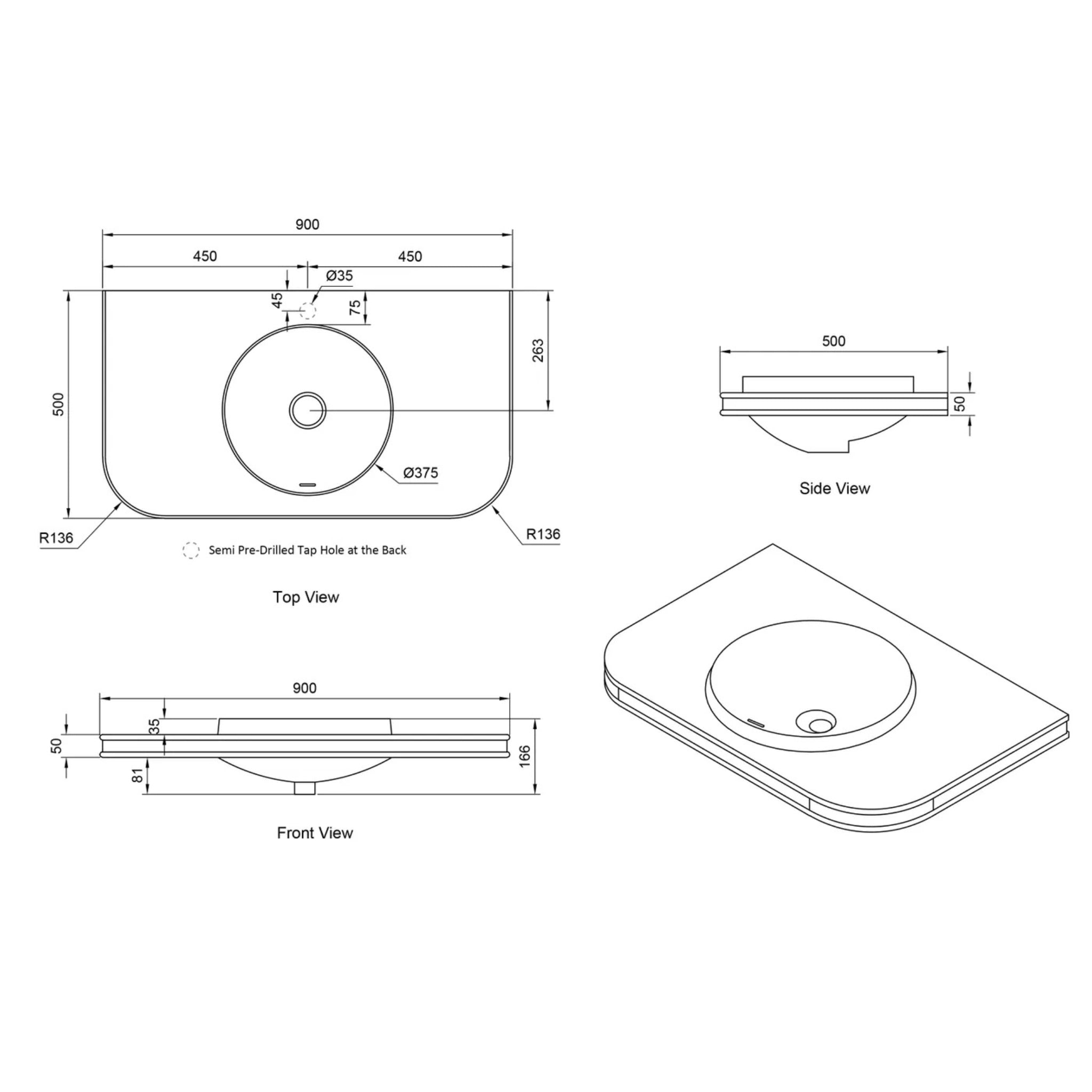 OTTI HAVANA ENGLISH EDGE MATTE WHITE UNDERMOUNT SINGLE VANITY TOP WITH ROUND BASIN (MULTIPLE SIZES AVAILABLE)