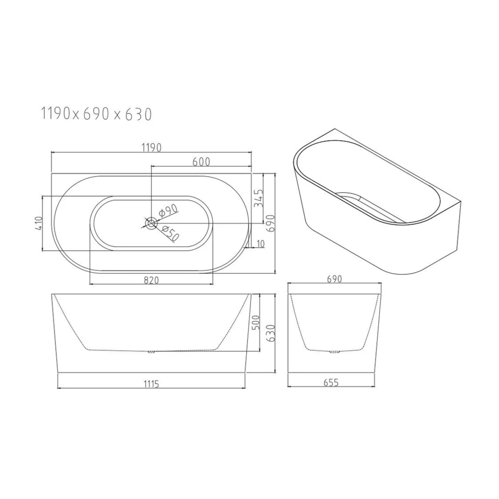 MERCIO MUSEN ULTRA THIN BACK TO WALL BATHTUB GLOSS WHITE (AVAILABLE IN MULTIPLE SIZES)
