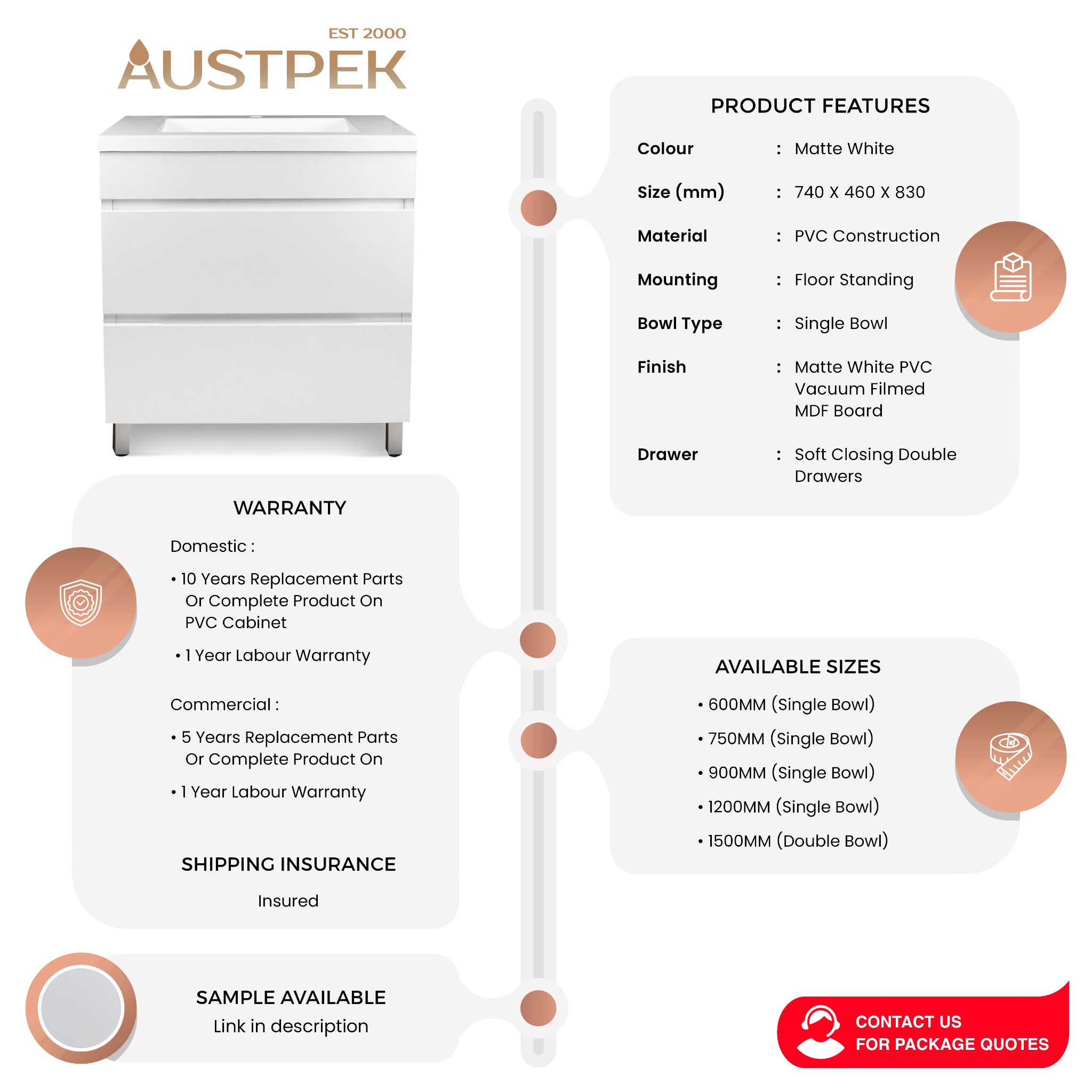 POSEIDON MATTE WHITE 750MM SINGLE BOWL FLOOR STANDING VANITY