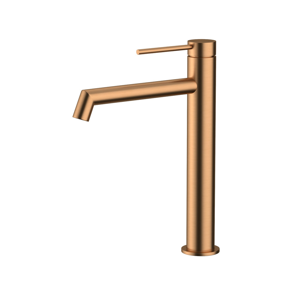 AMOZA LEAD FREE HI-RISE RIGHT ANGLE BASIN MIXER 300MM BRUSHED COPPER