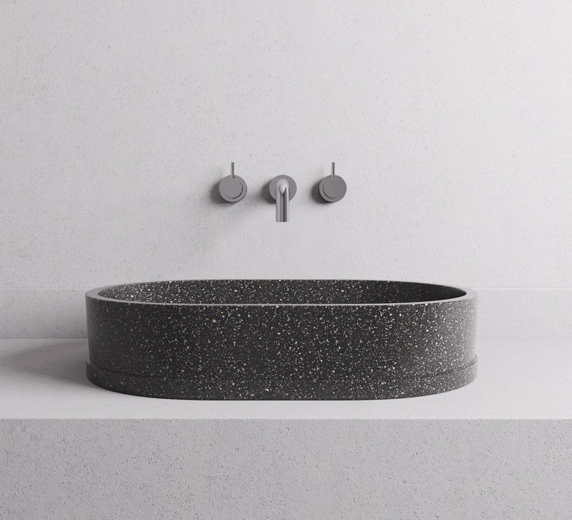 MADU MARGO OVAL ABOVE COUNTER BASIN HANDCRAFTED TERRAZO STONE PROUD EDGE GREY 590MM
