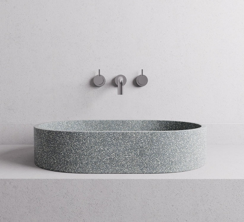 MADU MARGO OVAL ABOVE COUNTER BASIN HANDCRAFTED TERRAZO STONE SEAMLESS EDGE WHITE 590MM