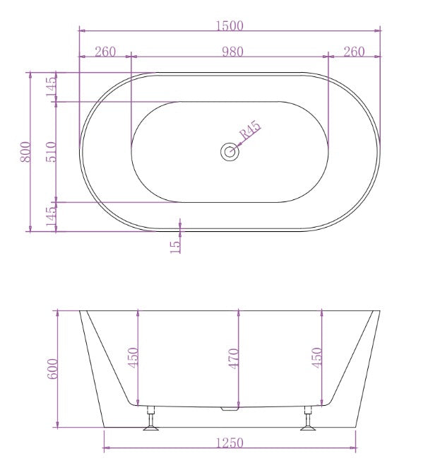 RIVA MIA SUPER SLIM EDGE FREESTANDING BATHTUB MATTE WHITE (AVAILABLE IN 1500MM AND 1700MM)