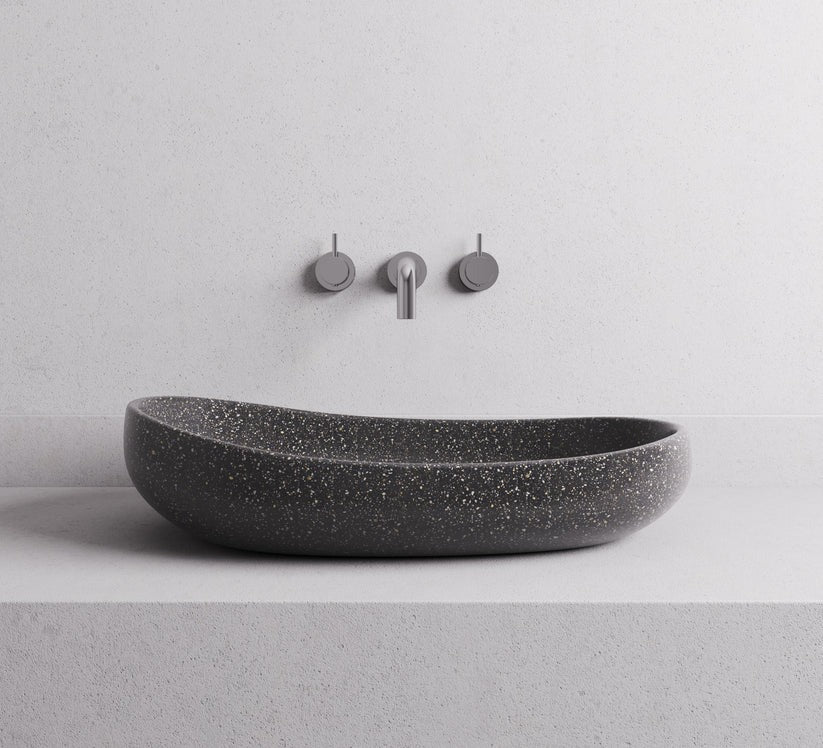 MADU MILLA OVAL ABOVE COUNTER BASIN HANDCRAFTED TERRAZO STONE GREY 600MM