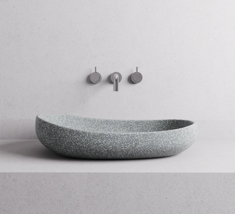 MADU MILLA OVAL ABOVE COUNTER BASIN HANDCRAFTED TERRAZO STONE WHITE 600MM