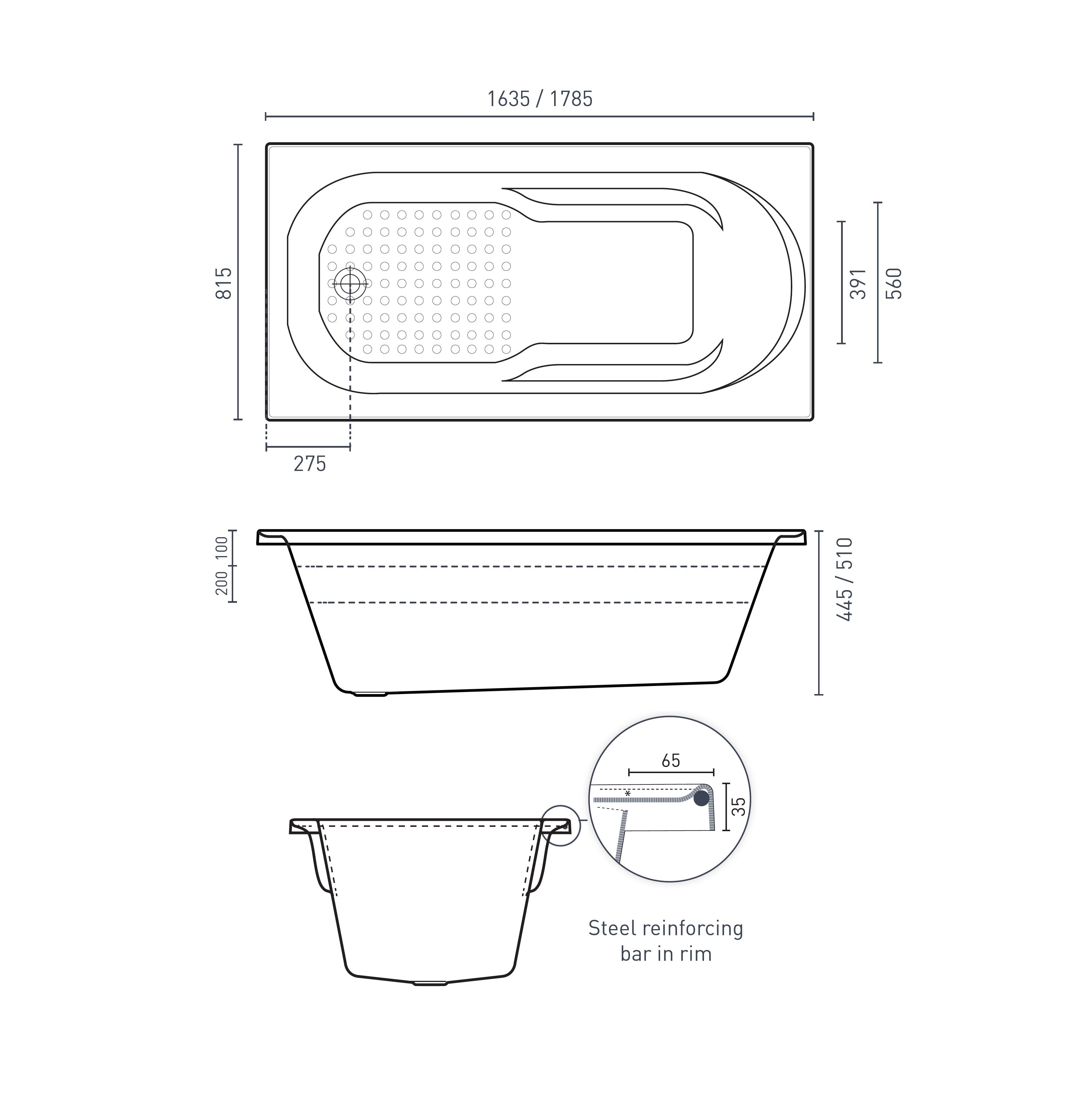 DECINA MODENA INSET DOLCE VITA SPA BATH GLOSS WHITE (AVAILABLE IN 1635MM AND 1785MM) WITH 16-JETS