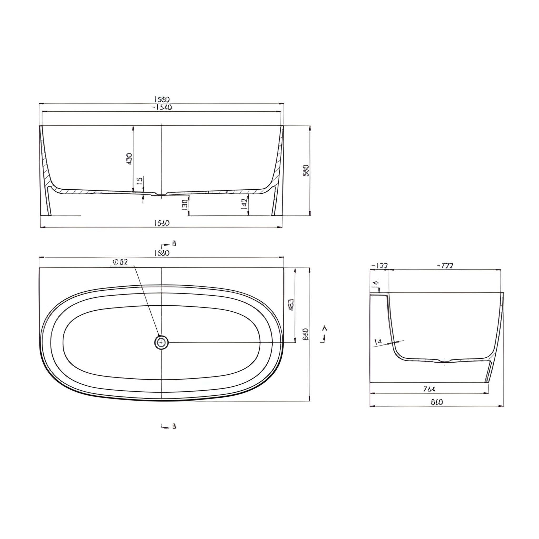 TURNER HASTINGS NARVA MAGNACAST BACK TO WALL BATHTUB GLOSS WHITE 1580MM