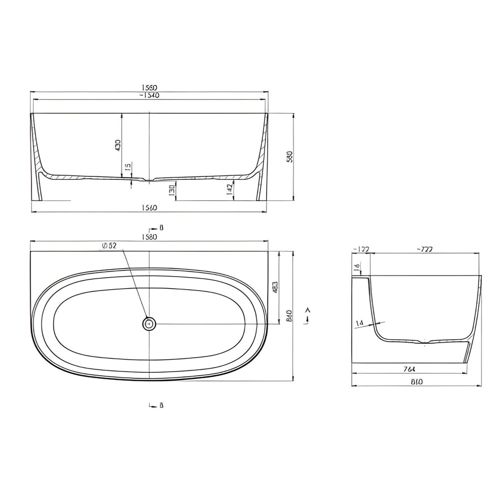 TURNER HASTINGS NARVA MAGNACAST BACK TO WALL BATHTUB MATTE WHITE 1580MM