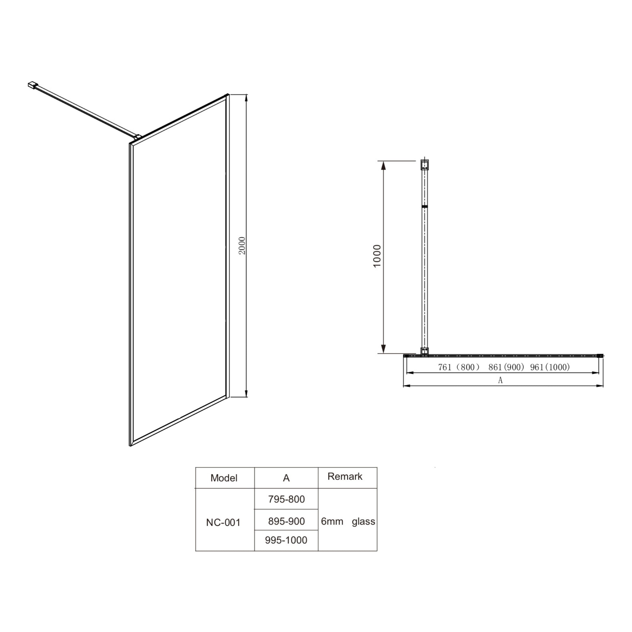 COVEY FRAMED WALK IN SINGLE PANEL WITH SUPPORT BAR SHOWER SCREEN MATTE BLACK