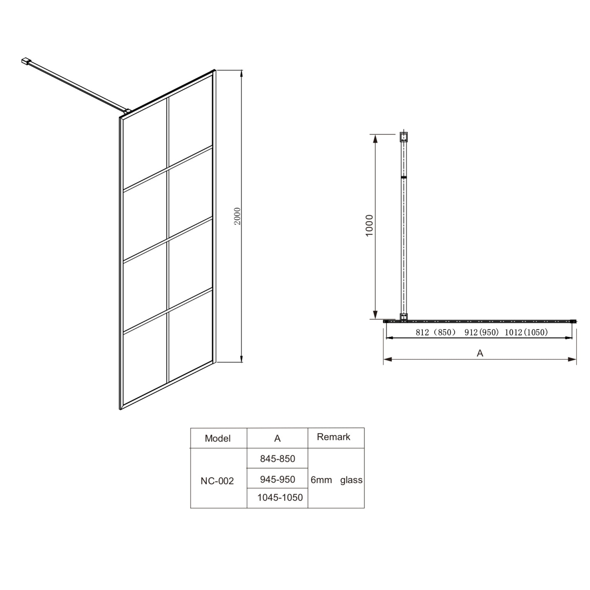 COVEY FRAMED 8 PRINTED GRILLS WALK IN SINGLE PANEL WITH SUPPORT BAR SHOWER SCREEN MATTE BLACK