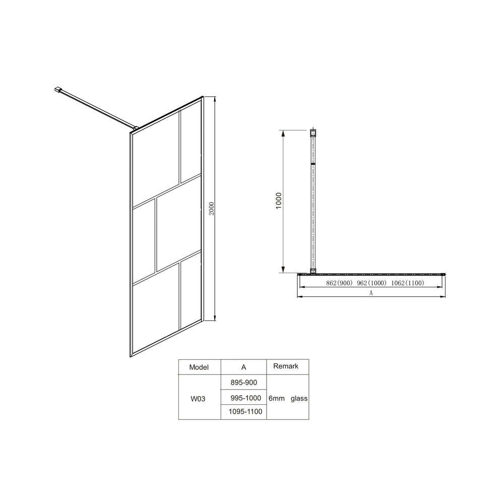 COVEY FRAMED WALK IN SINGLE PANEL WITH SUPPORT BAR SHOWER SCREEN MATTE BLACK